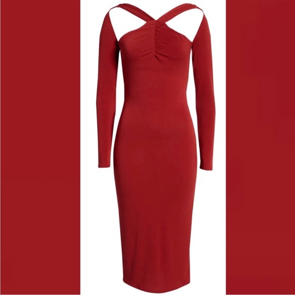 ASTR Cutout Detail Long Sleeve Bodycon Midi Dress Rust Red New With Tags Medium - Picture 5 of 9